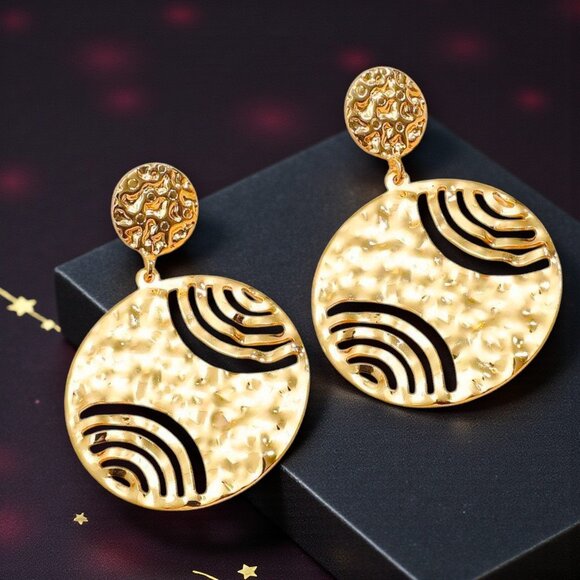 ๐๏ธModern Textured Round Statement Earrings Gold Plated Alloy Bold Chic Designer - Picture 5 of 13